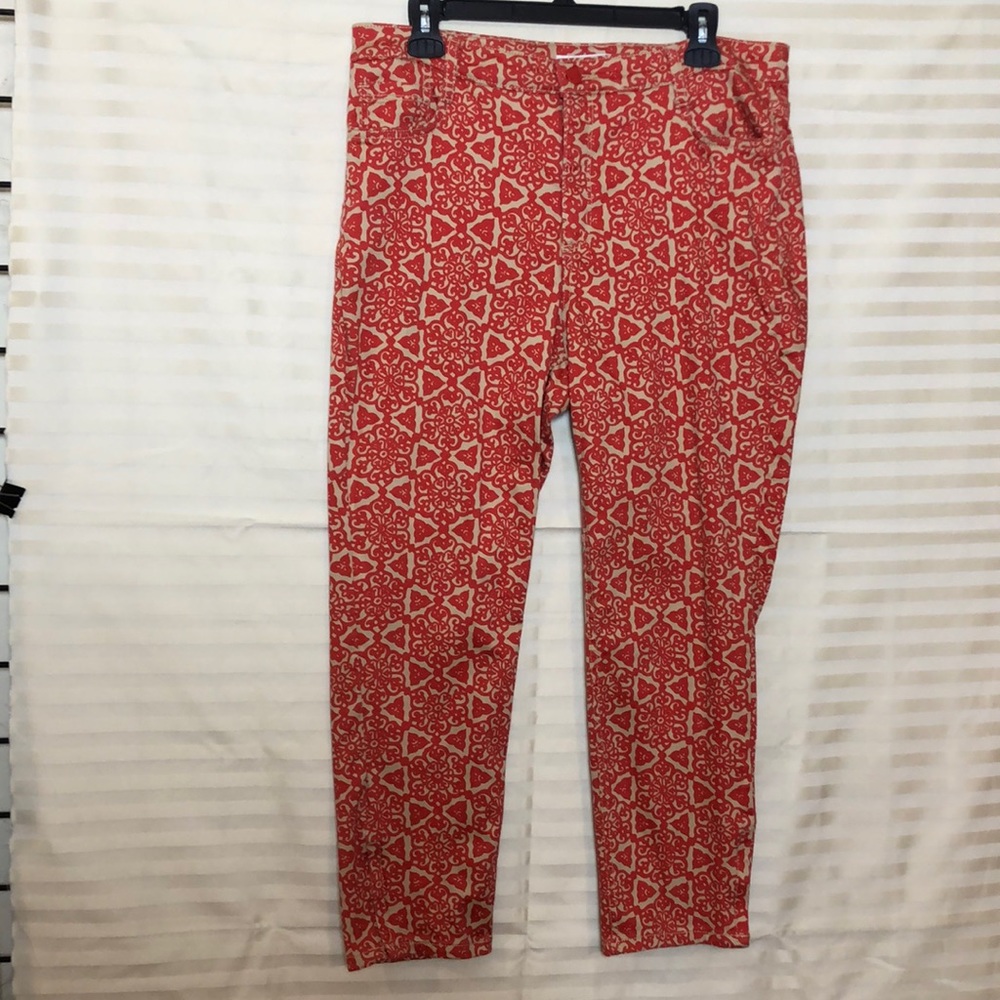 Jones New York Bleecker Ankle Zip Jeans Red Tan Graphic Print. EUC Sz 14P